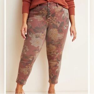 Anthropologie Rose-Mauve Floral Button-Front Straight-Leg Pants